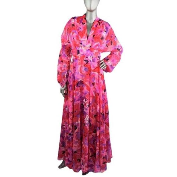 Vintage 1970s Red Pink Purple Chiffon Floral with Keyhole Cutout Small - Picture 1 of 10